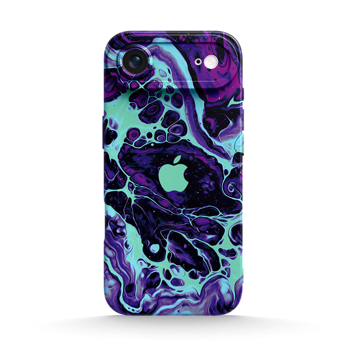 Purple abstract marbled silicone iPhone case with camera and side button cutouts