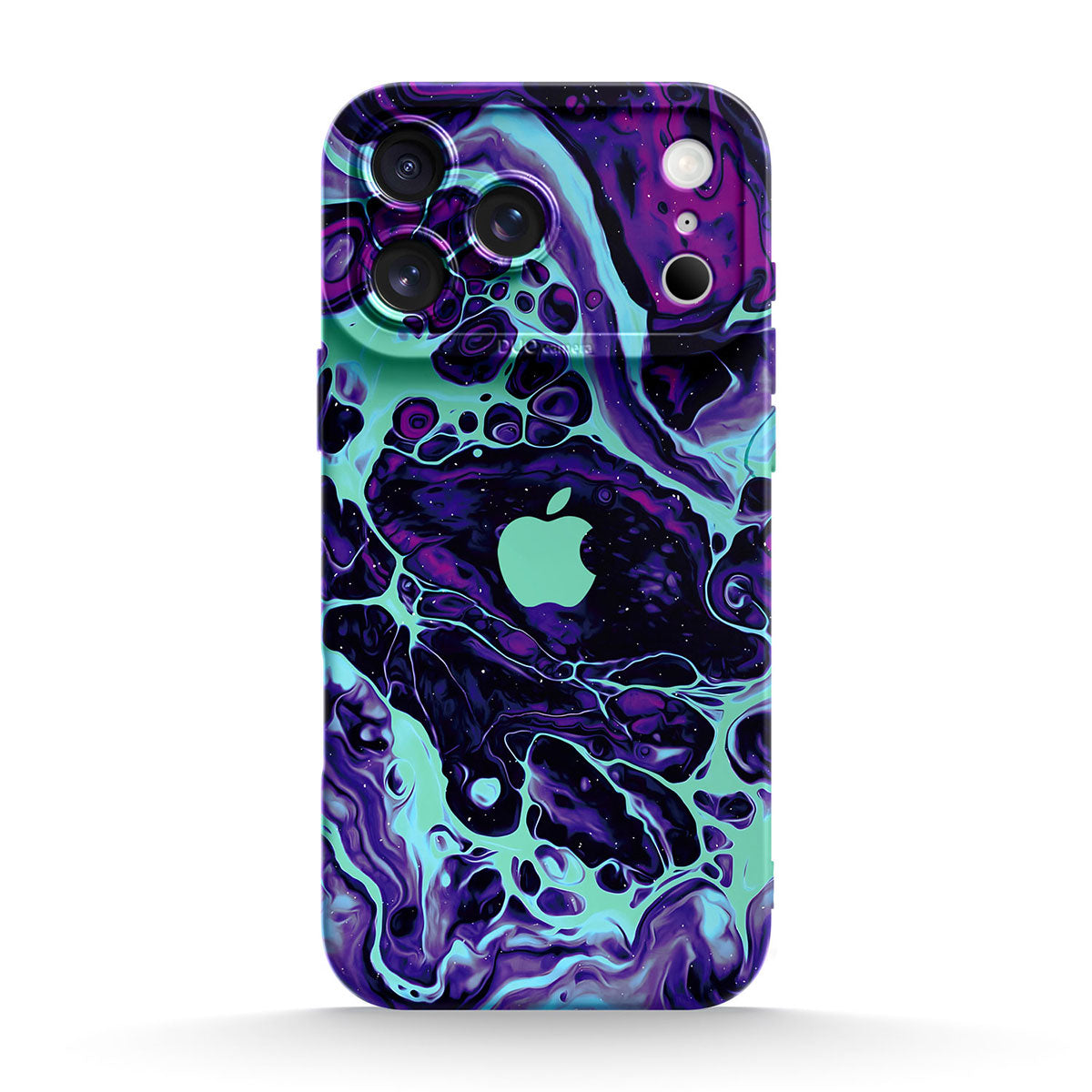 Purple abstract marbled silicone iPhone case with camera and side button cutouts