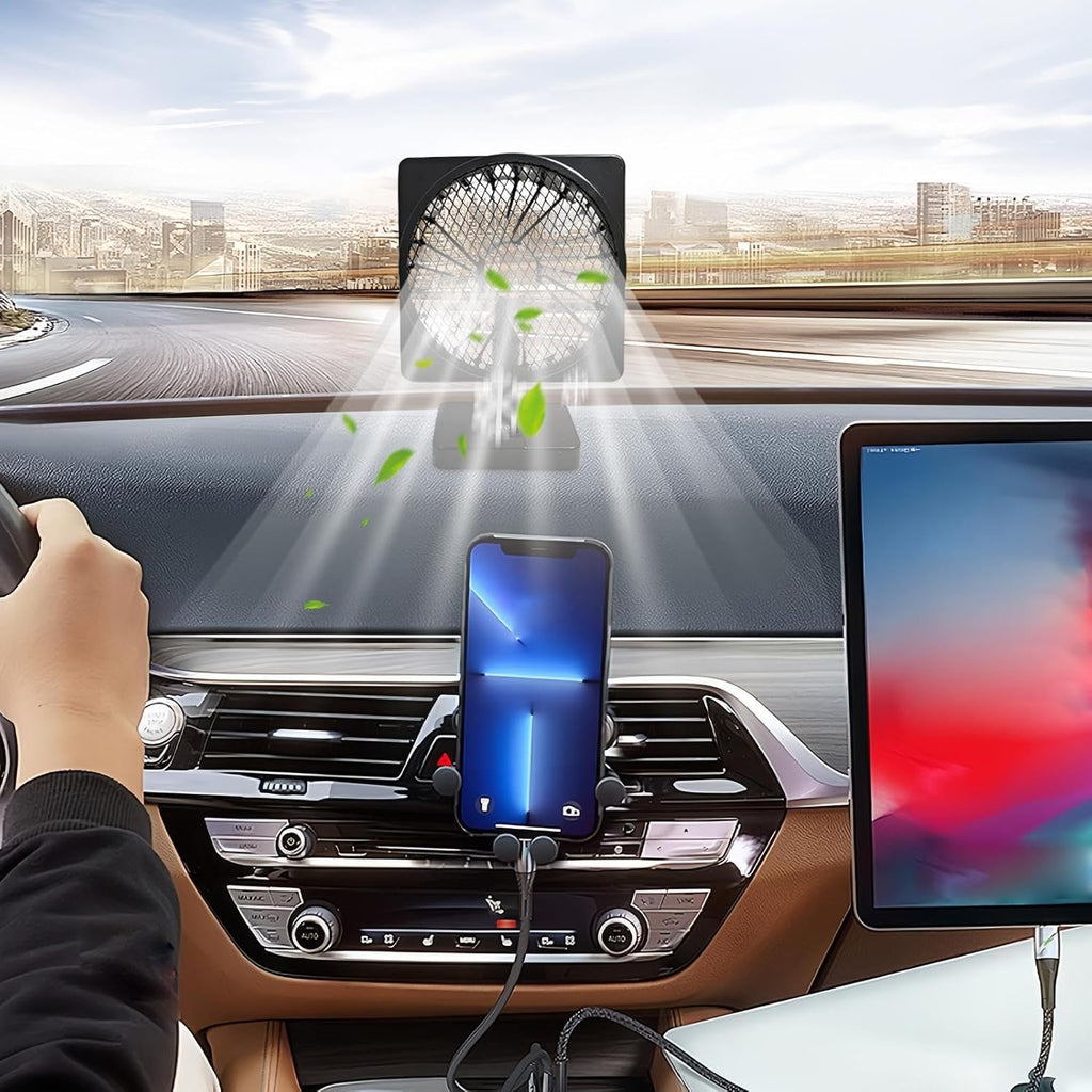 Black 12V USB car air circulator fan with rotating head and base stand