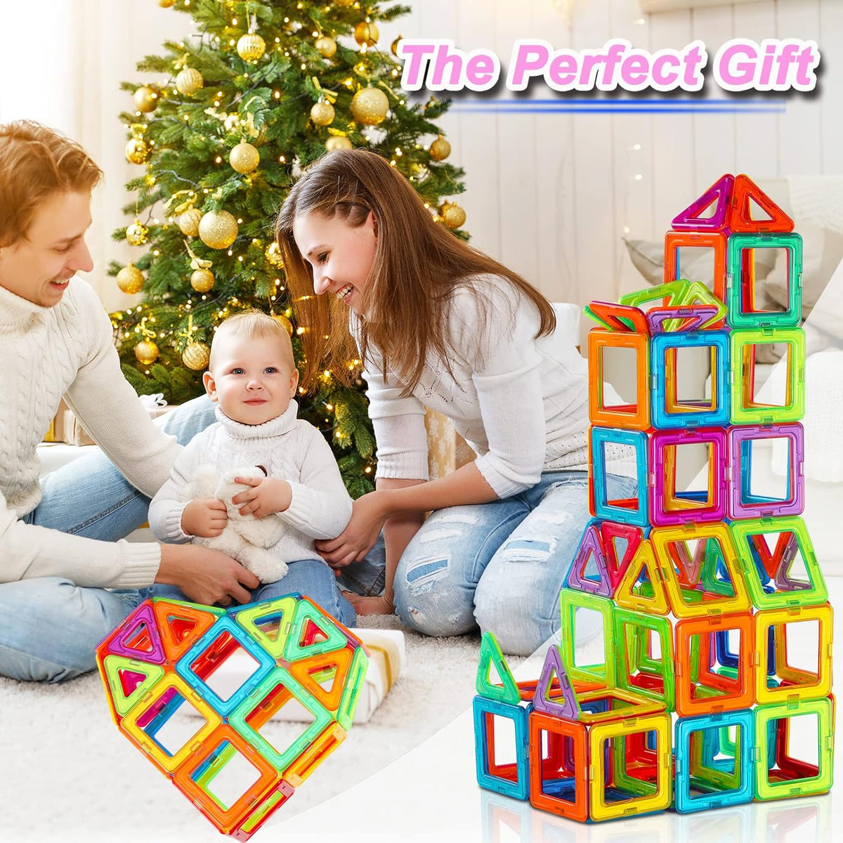 Colourful magnetic building tiles arranged into houses, towers and vehicles