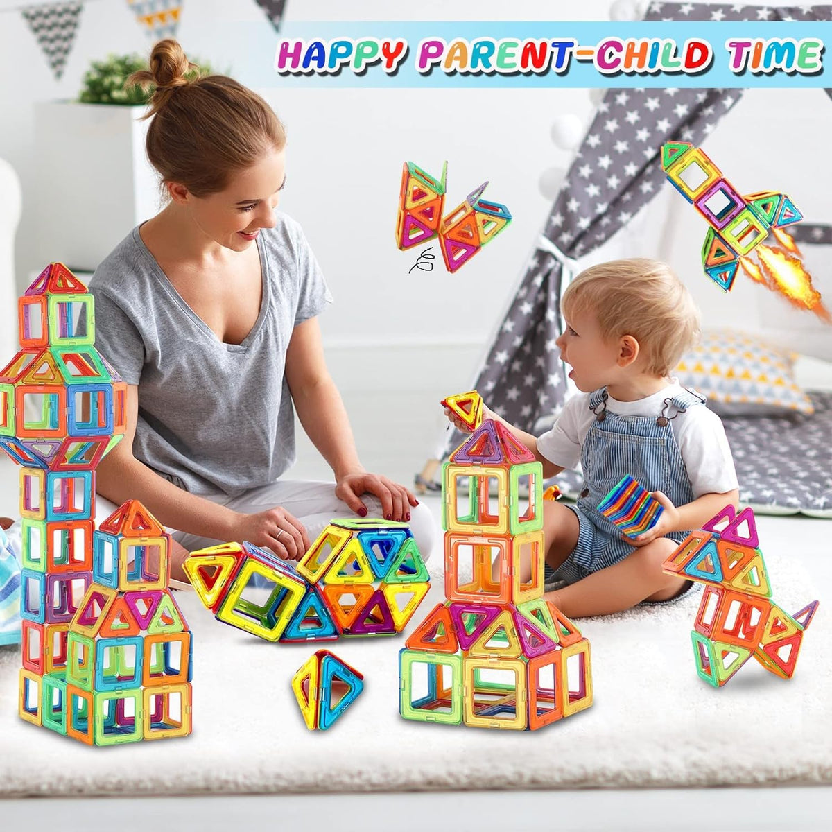 Colourful magnetic building tiles arranged into houses, towers and vehicles