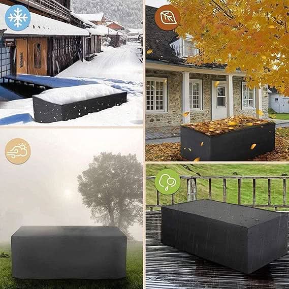 Weather-resistant cover fitted over outdoor patio furniture