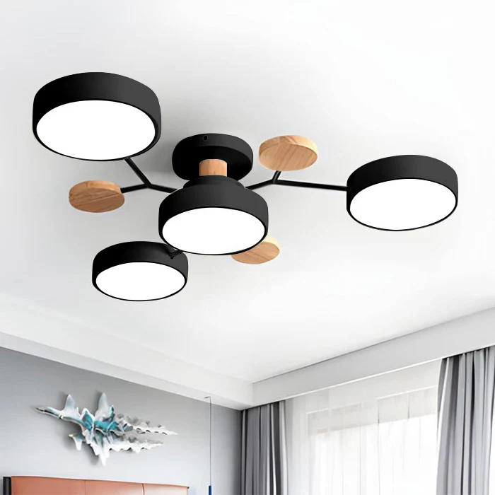 Round LED semi-flush ceiling chandelier with circular shades and decorative wood-effect accents