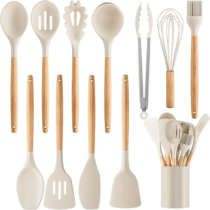 12-piece silicone kitchen utensil set with assorted tools and countertop holder