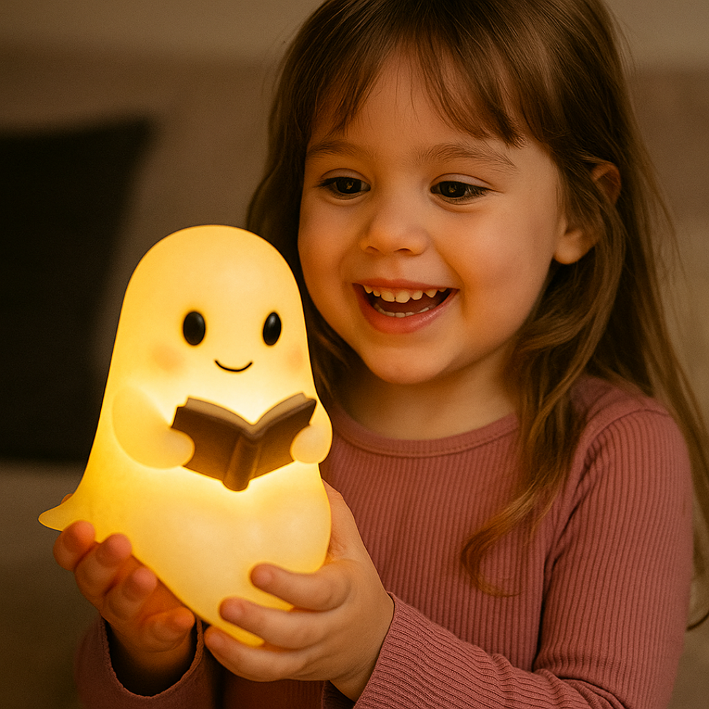 Glowing ghost table lamp holding an open book