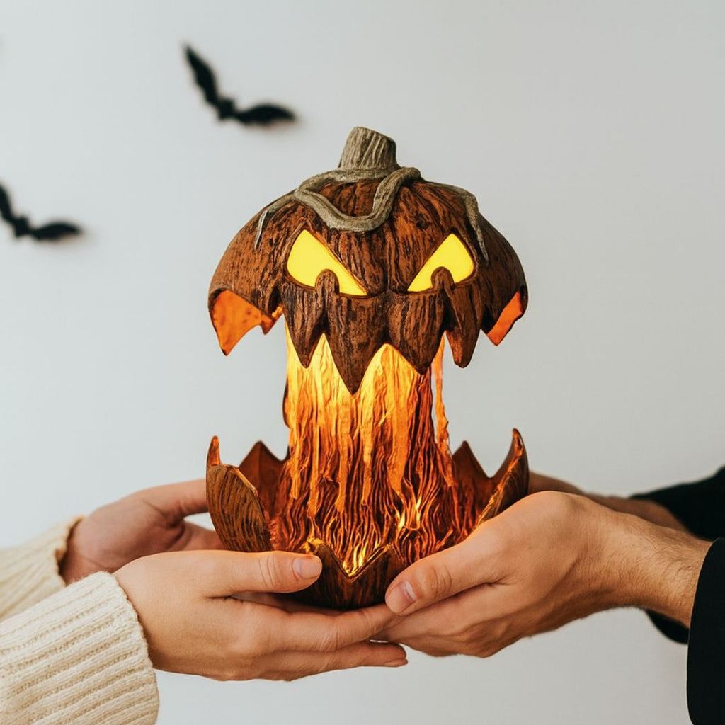 Brown carved Halloween pumpkin lantern with a glowing flame design