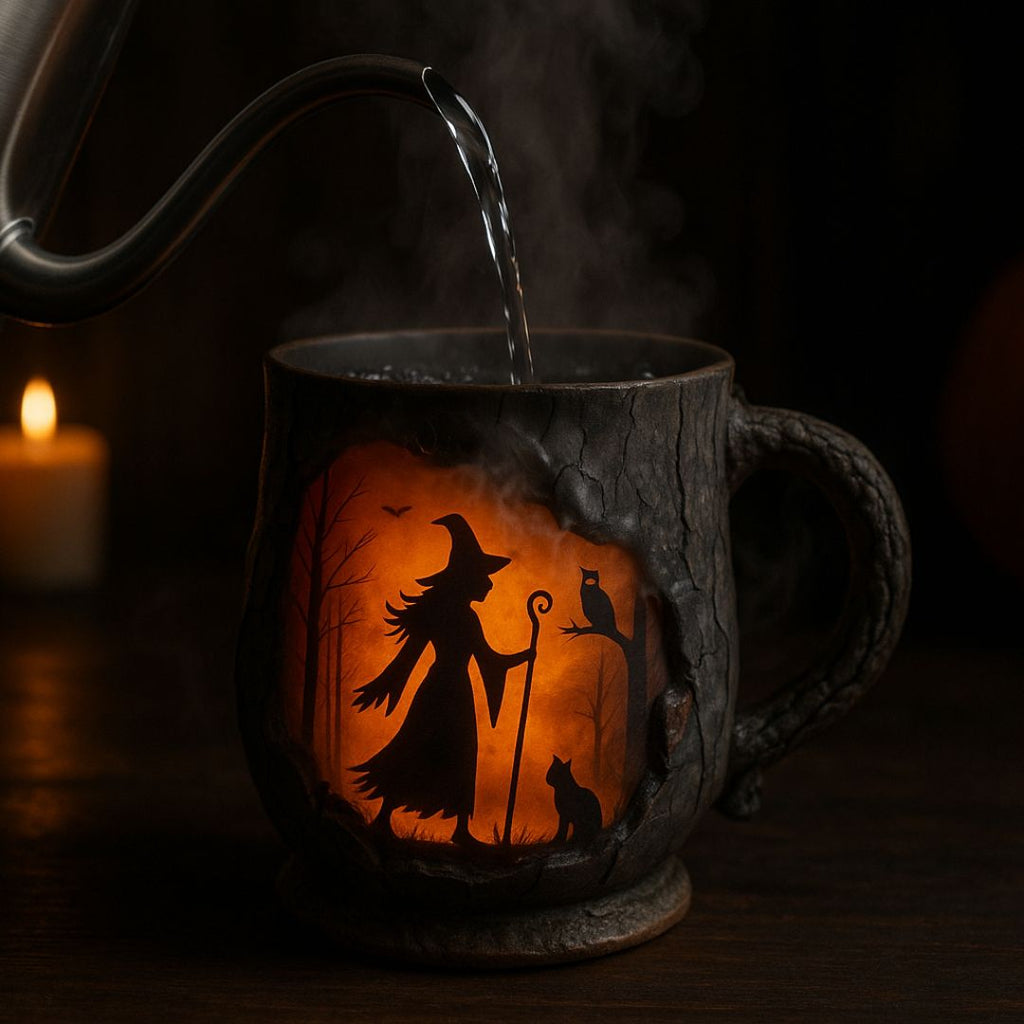Halloween mug with textured bark-effect finish and witch scene