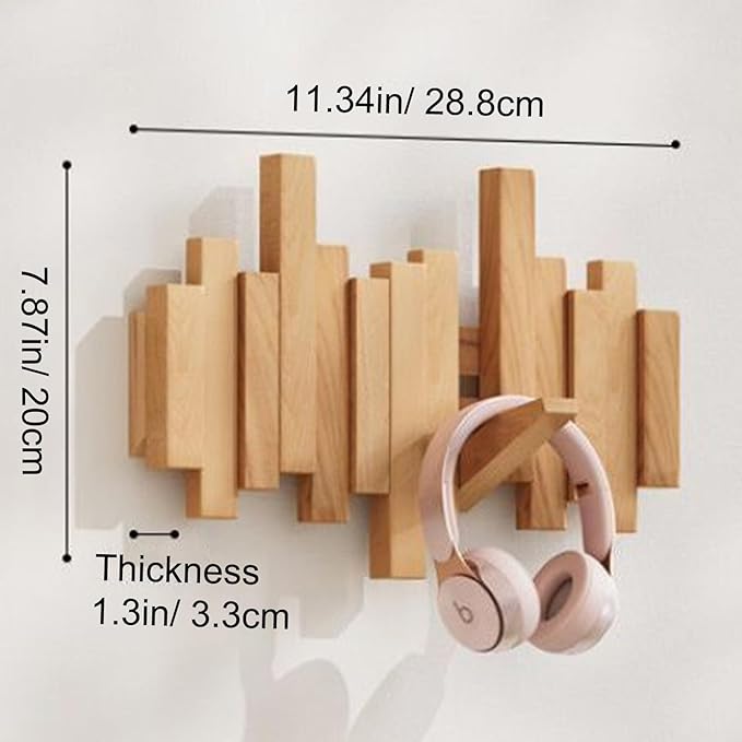 Piano-design wall mounted wooden coat rack with foldable hooks