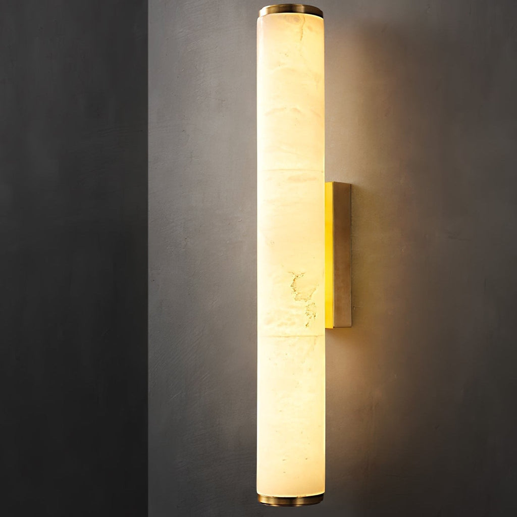 Cylindrical LED marble-patterned wall sconce with metal end caps