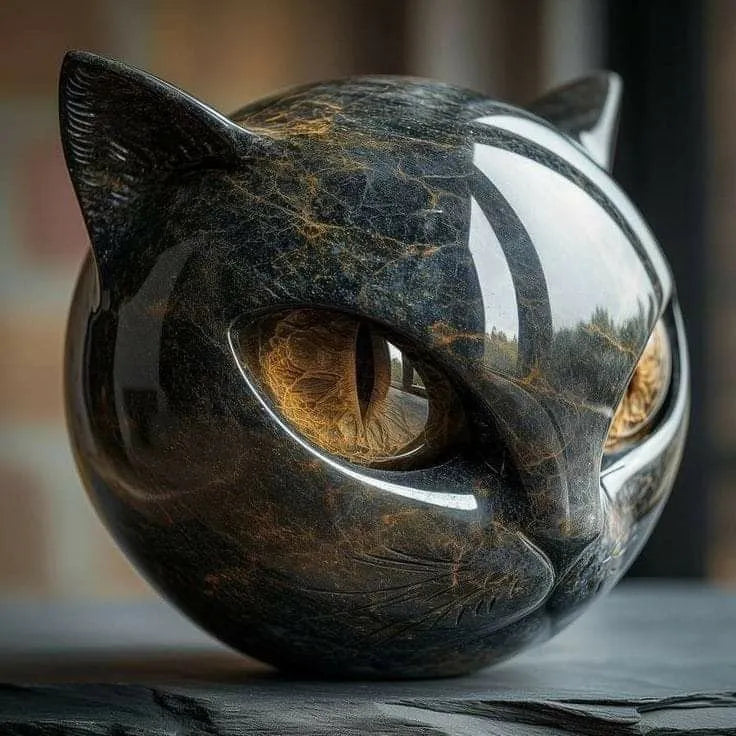 Seated stone cat figurine with pointed ears and large inset eyes