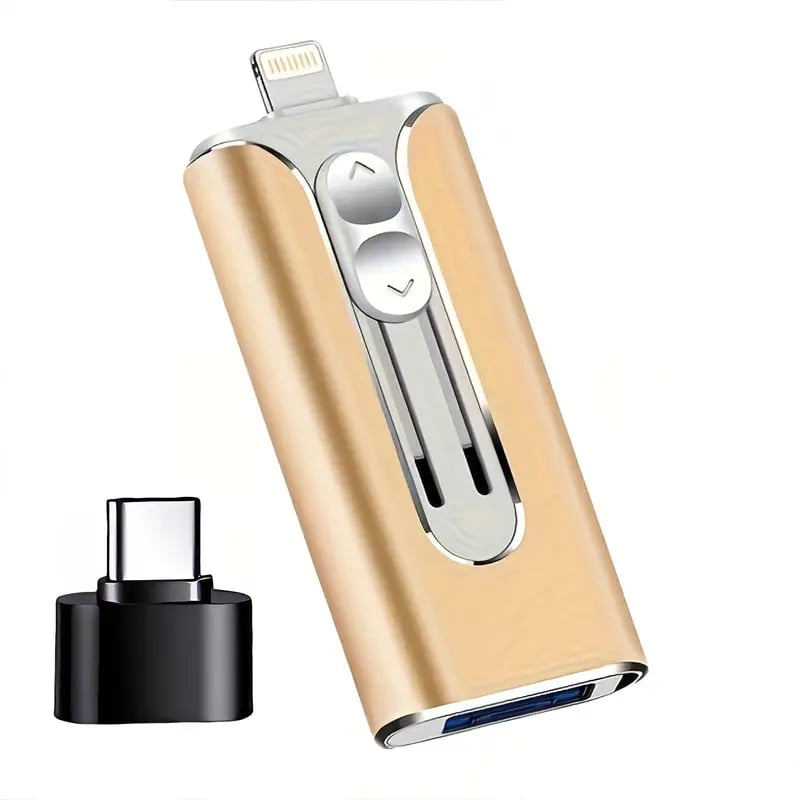Compact 4-in-1 USB flash drive with multiple connectors and separate black adapter