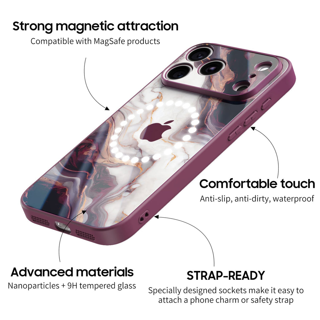 Burgundy iPhone glass case with abstract marble pattern and camera cutout