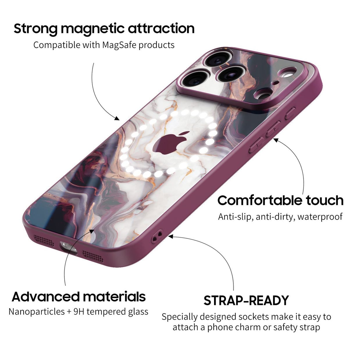 Burgundy iPhone glass case with abstract marble pattern and camera cutout