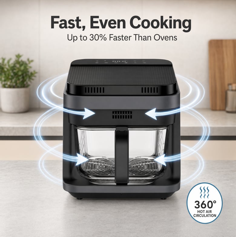 Black air fryer with clear glass basket and digital touch controls
