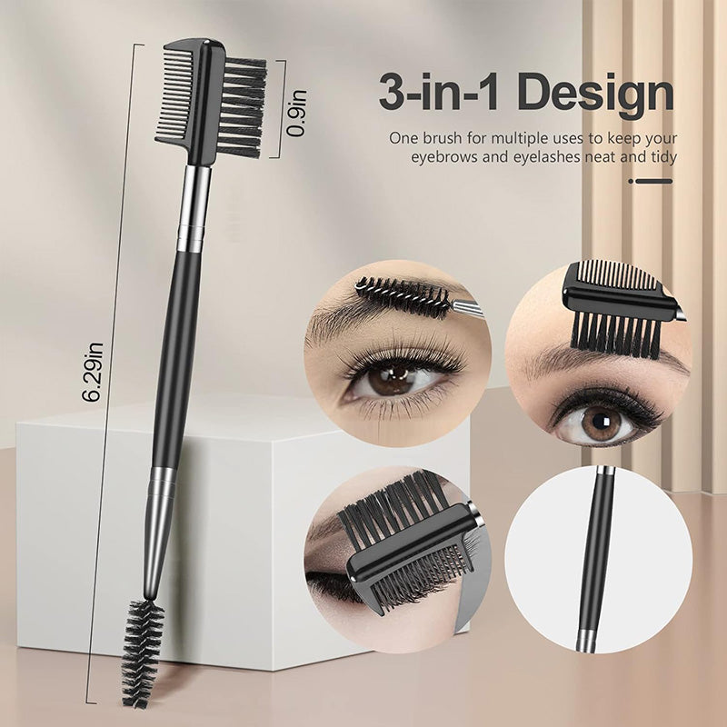 Black dual-ended lash and brow brush with spoolie and angled makeup brush