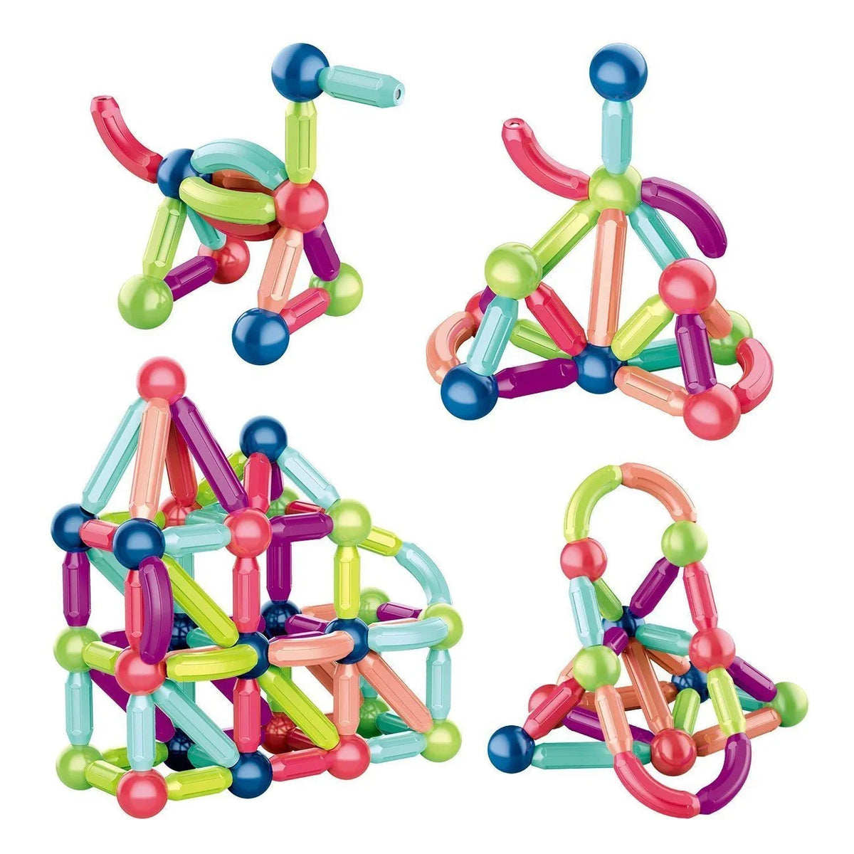 Colourful magnetic building blocks with connecting pieces and storage box