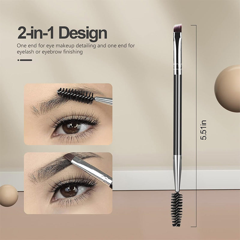 Black dual-ended lash and brow brush with spoolie and angled makeup brush