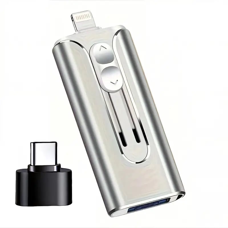 Compact 4-in-1 USB flash drive with multiple connectors and separate black adapter