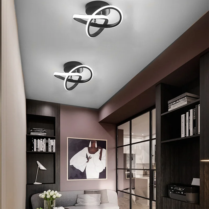 Set of two modern looping LED ceiling lights installed along a hallway