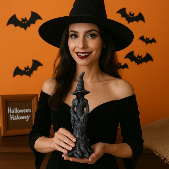 Black Halloween witch figurine with pointed hat and flowing sculpted robe