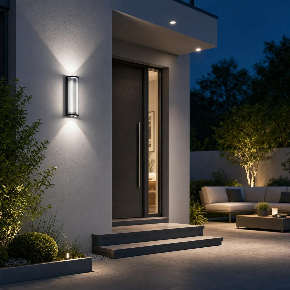 Black outdoor wall light with vertical glass shade and up and down illumination