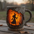 Halloween mug with textured bark-effect finish and witch scene