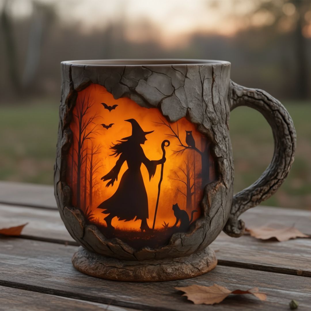 Halloween mug with textured bark-effect finish and witch scene