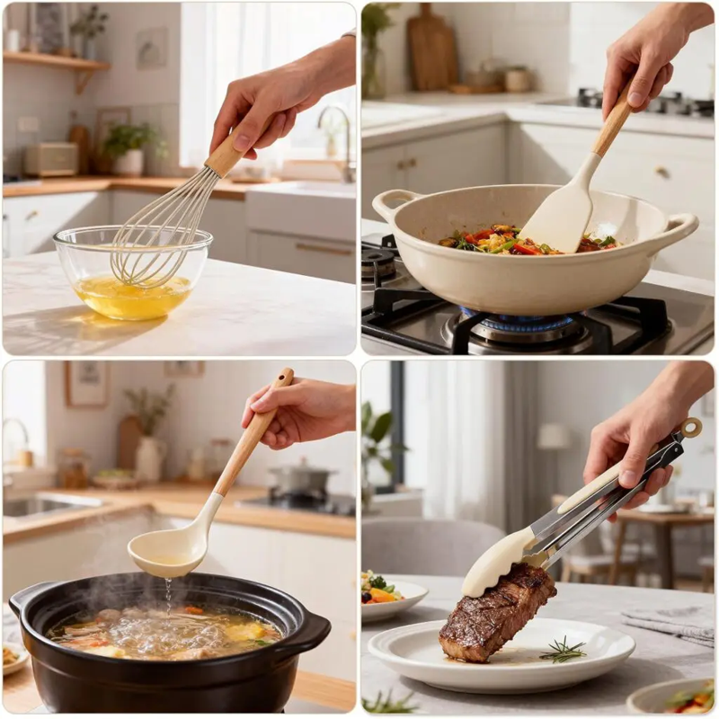 12-piece silicone kitchen utensil set with assorted tools and countertop holder