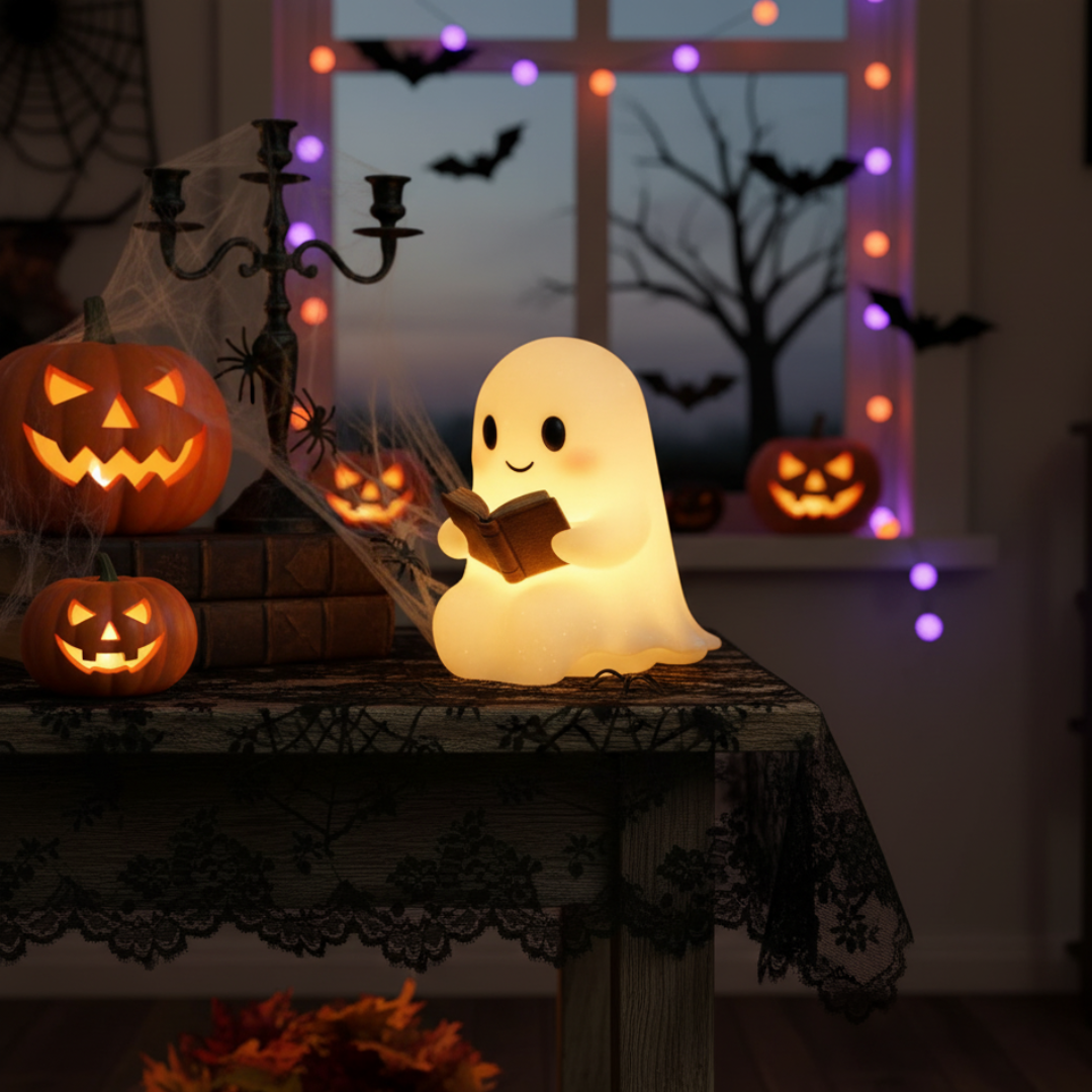 White ghost-shaped table lamp with a warm glow and an open book design