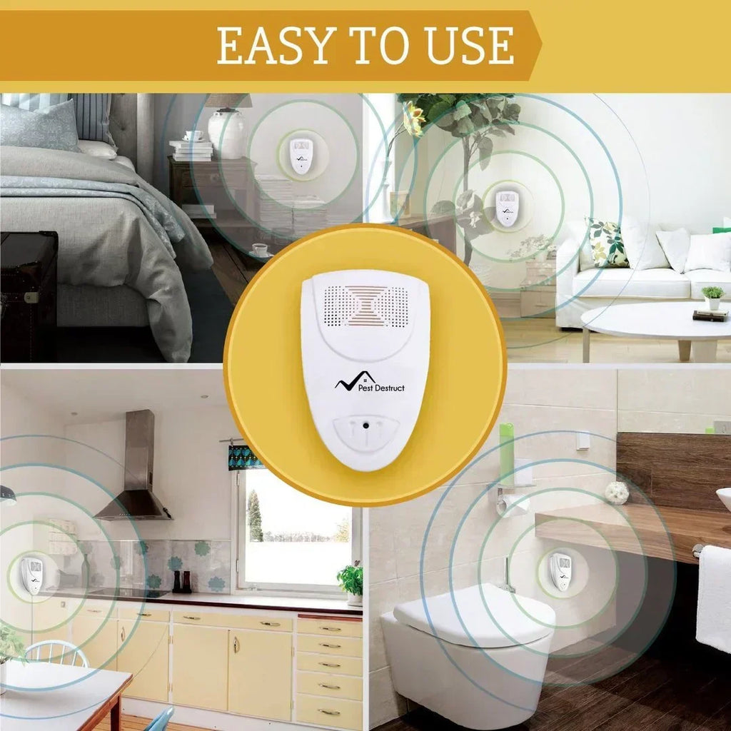 White ultrasonic bed bug repeller with speaker grille and blue indicator light