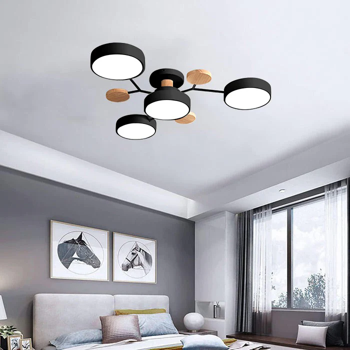 Round LED semi-flush ceiling chandelier with circular shades and decorative wood-effect accents