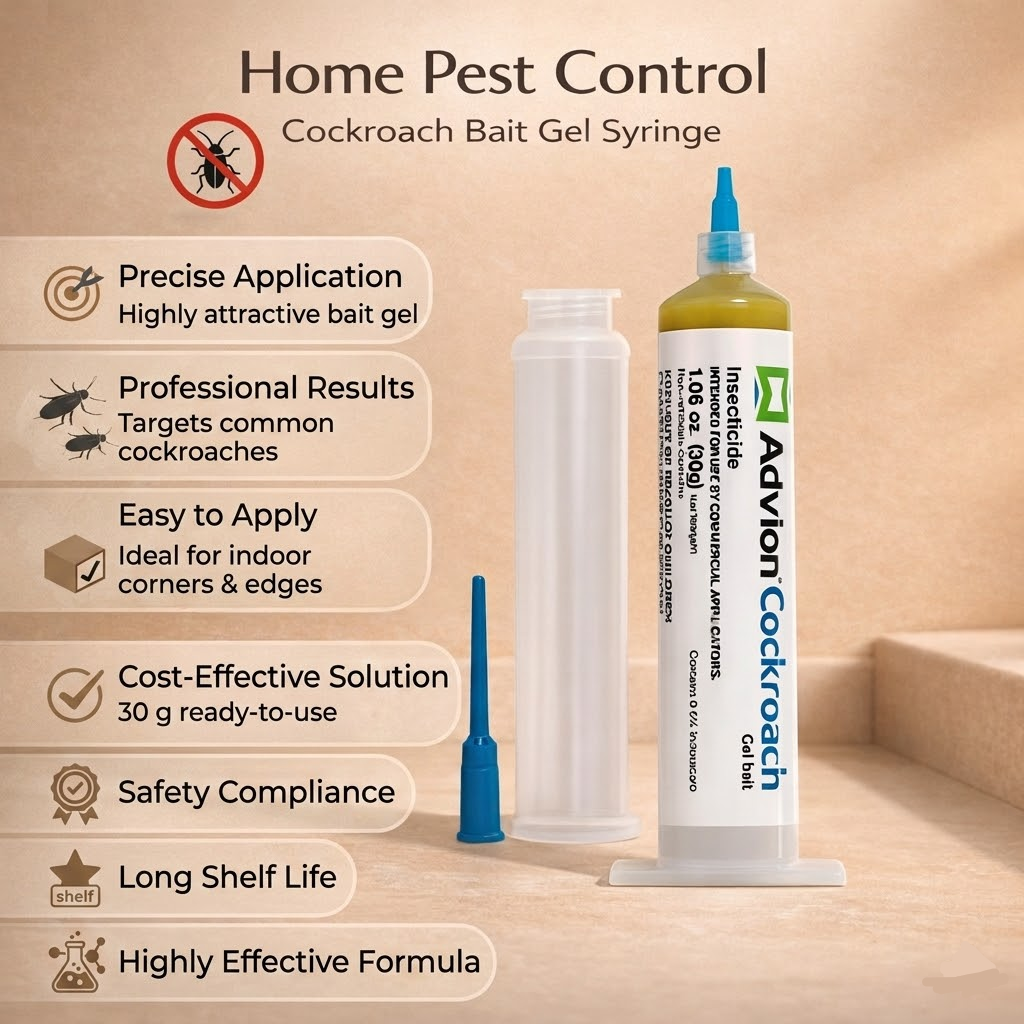 White cockroach control gel bait syringe with blue precision nozzle