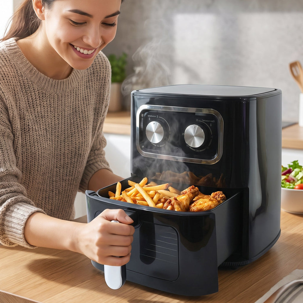Black 15 litre air fryer oven with pull-out drawer and two control dials