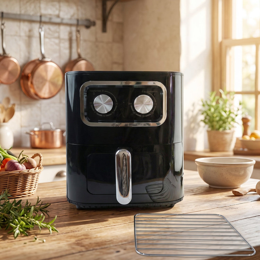 Black 15 litre air fryer oven with pull-out drawer and two control dials