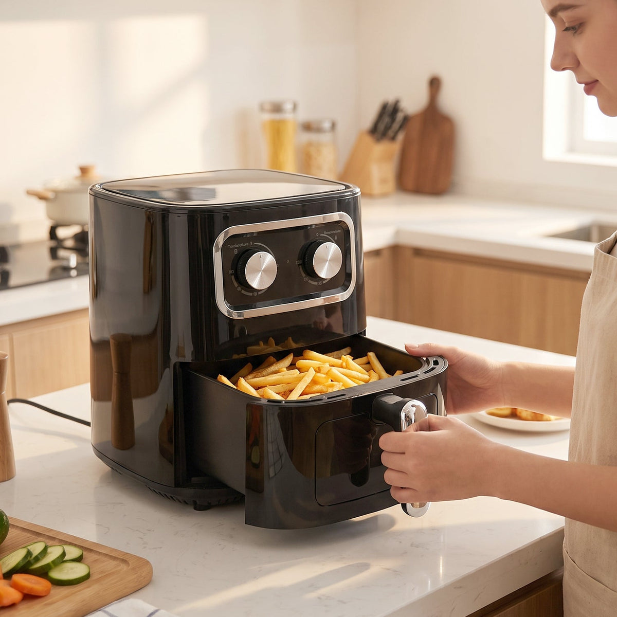 Black 15 litre air fryer oven with pull-out drawer and two control dials