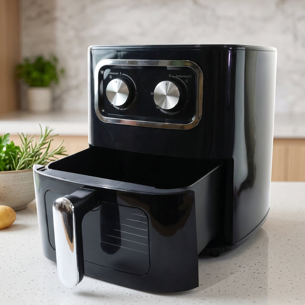 Black 15 litre air fryer oven with pull-out drawer and two control dials