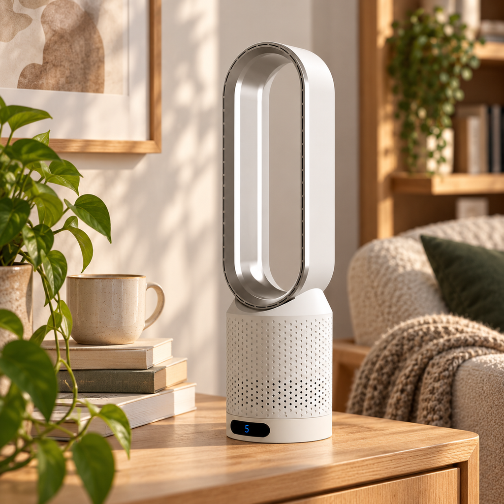 Bladeless tower fan with oval airflow opening and digital display