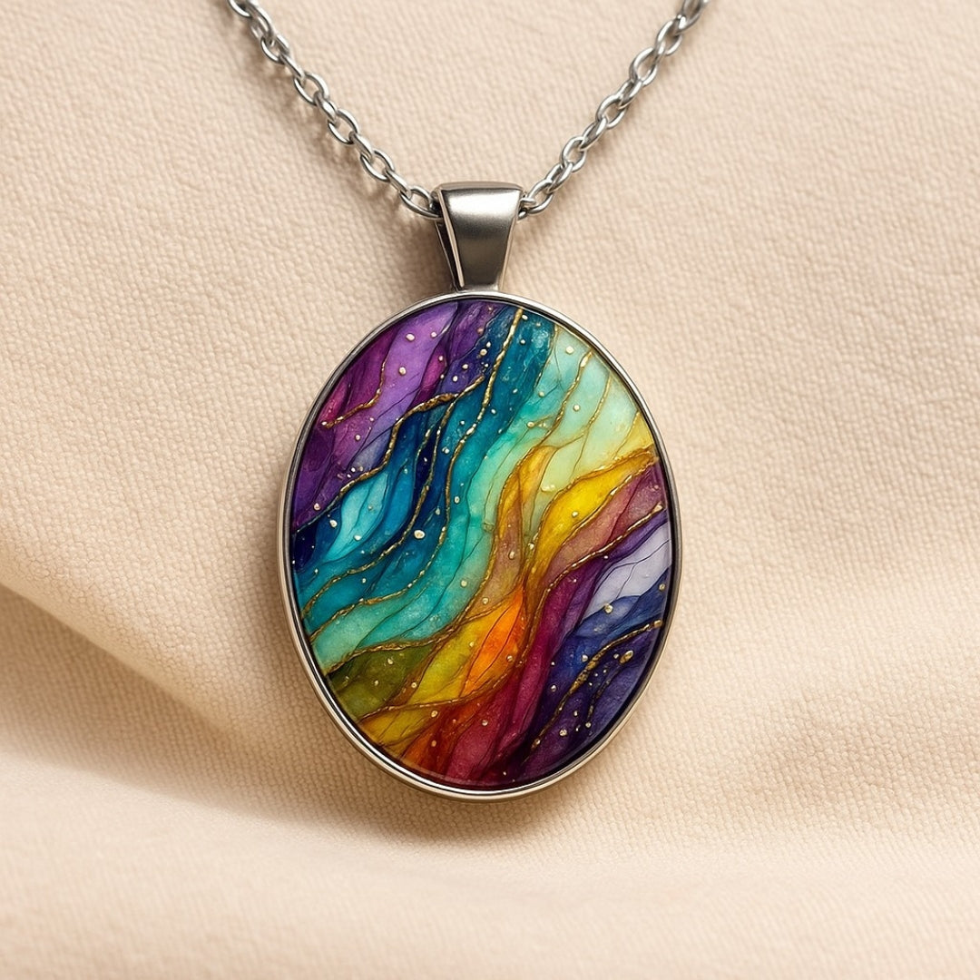 Oval pendant necklace with abstract multicolour design and silver-tone chain