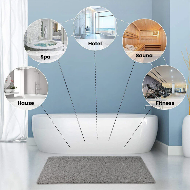Textured non-slip shower mat beside a bathtub