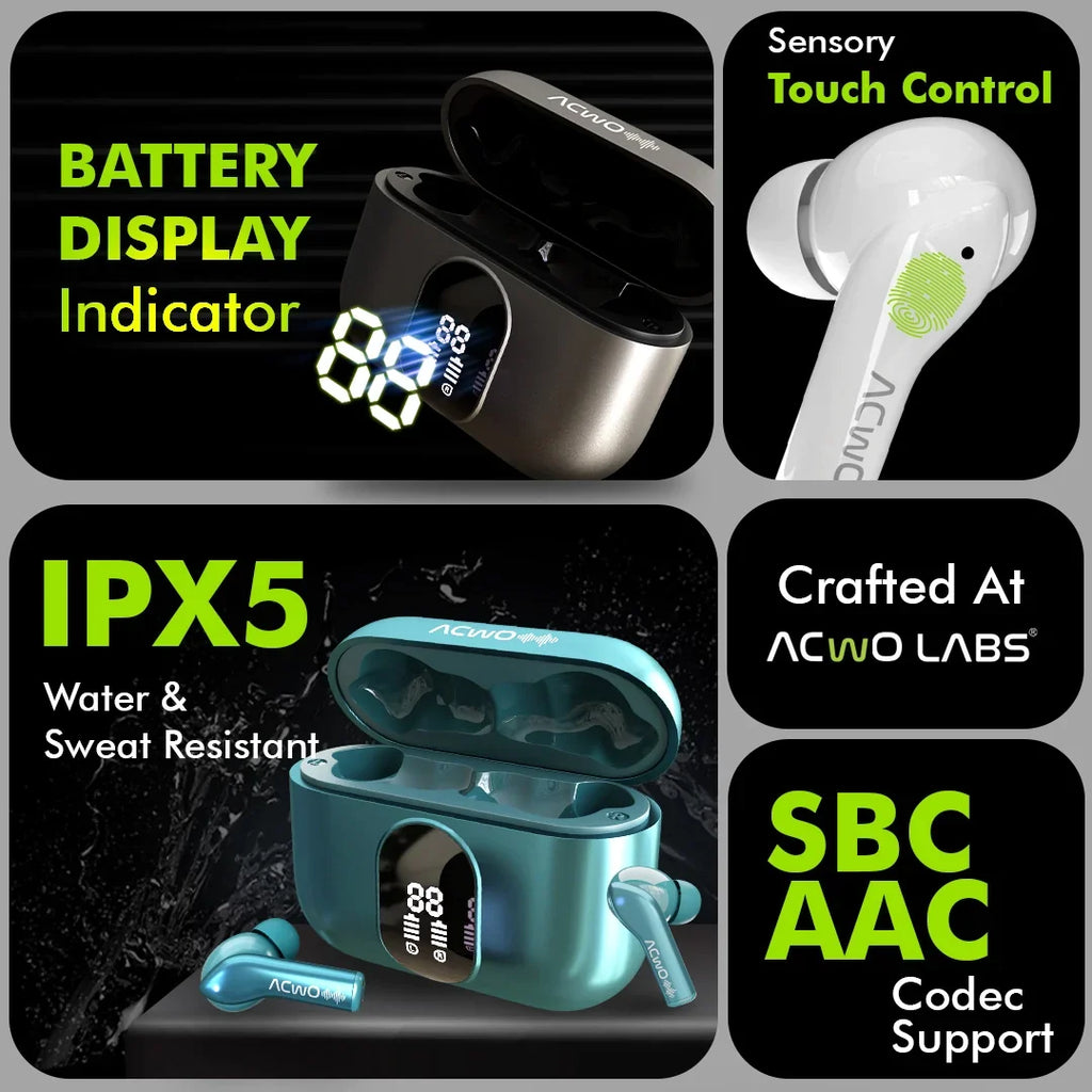 True wireless earbuds in a charging case with front digital display