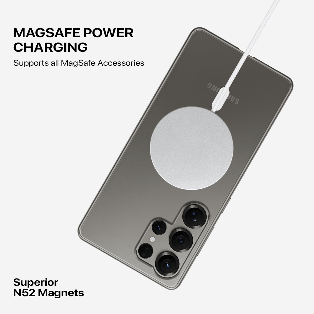 Clear MagSafe case for Samsung Galaxy S21 Ultra with camera cutout and circular magnetic ring