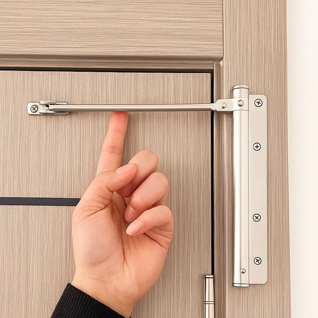 Surface-mounted door closer with vertical body and connecting arm