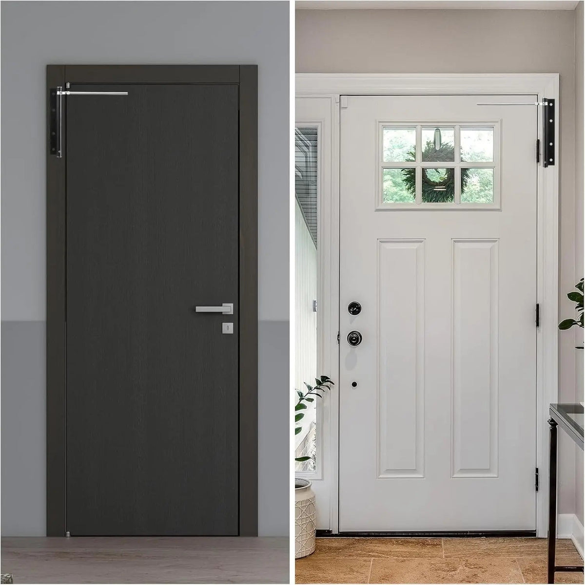 Surface-mounted door closer with vertical body and connecting arm