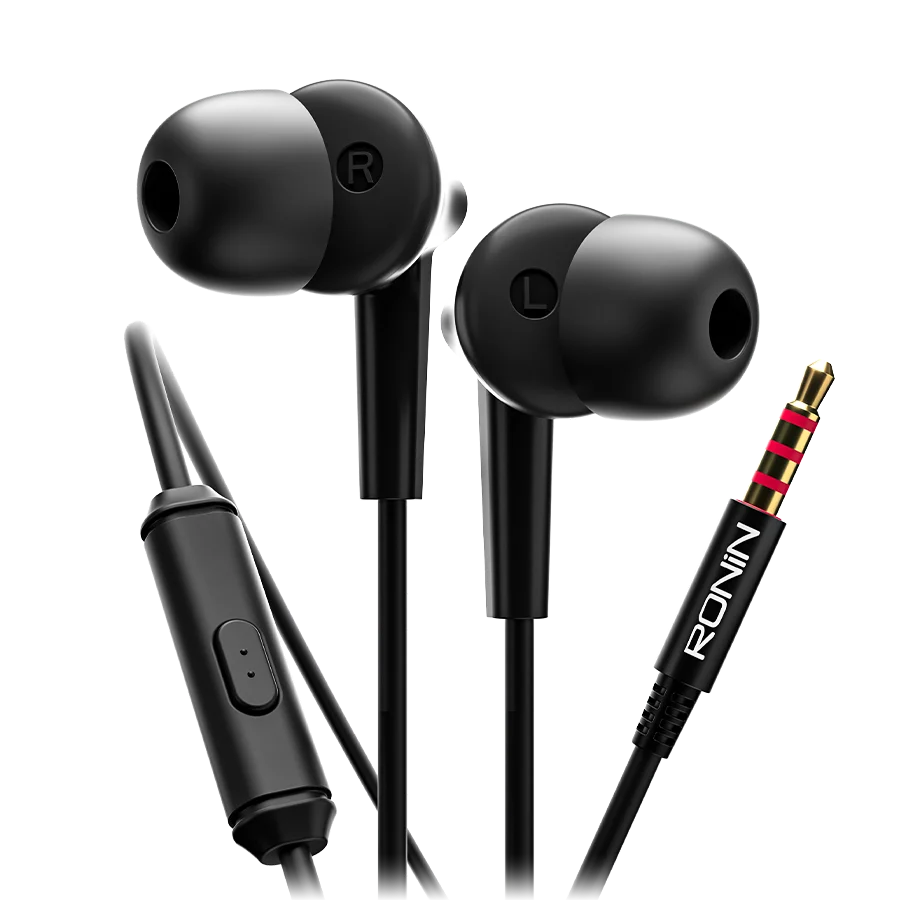 Black wired stereo earphones with inline microphone and 3.5mm audio jack