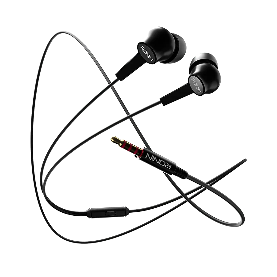 Black wired stereo earphones with inline microphone and 3.5mm audio jack