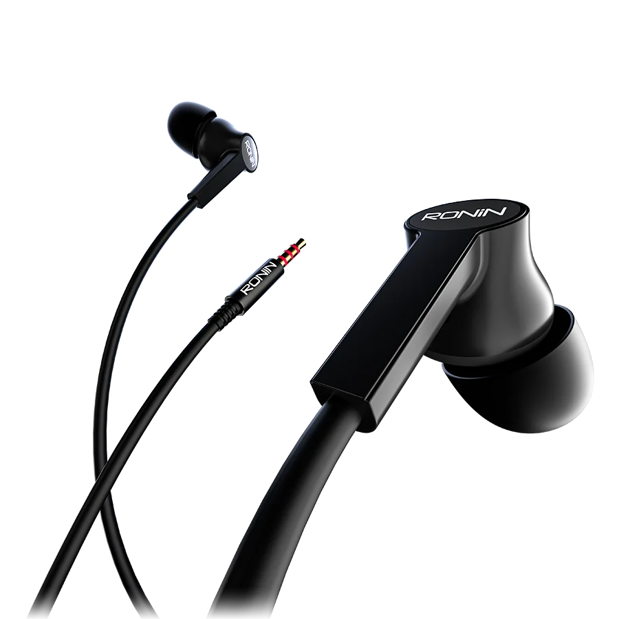 Black wired stereo earphones with inline microphone and 3.5mm audio jack