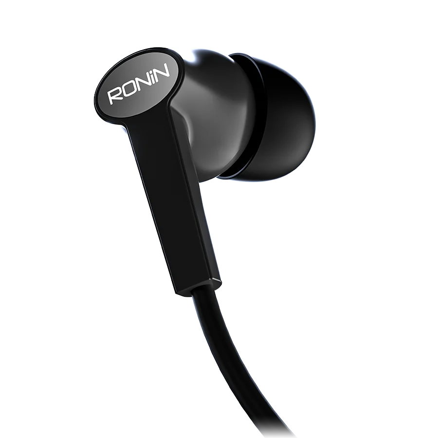 Black wired stereo earphones with inline microphone and 3.5mm audio jack