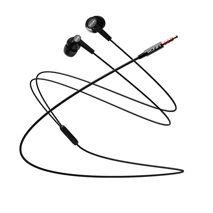 Black wired stereo earphones with inline microphone and 3.5mm audio jack