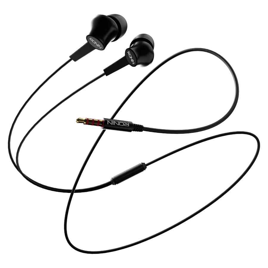Black wired stereo earphones with inline microphone and 3.5mm audio jack