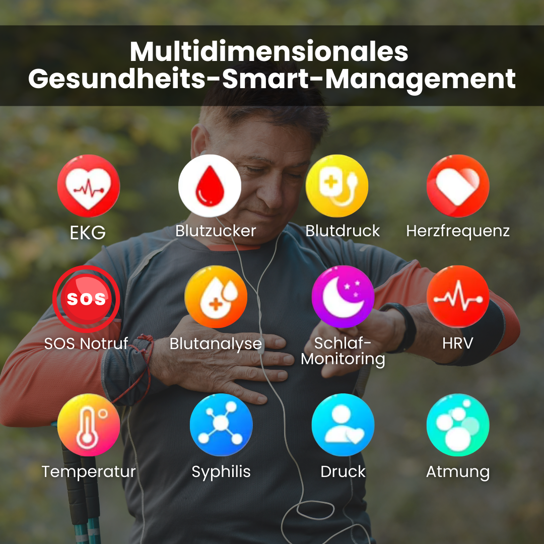 Black health monitoring smartwatch with round digital display and SOS function